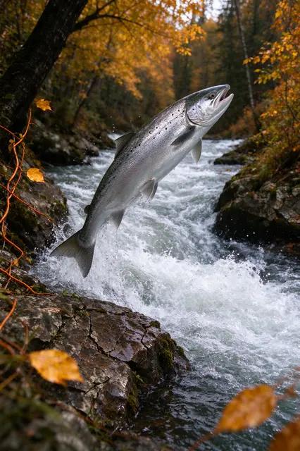 A silver salmon leaps mid-air above rushing rapids in an autumn forest river