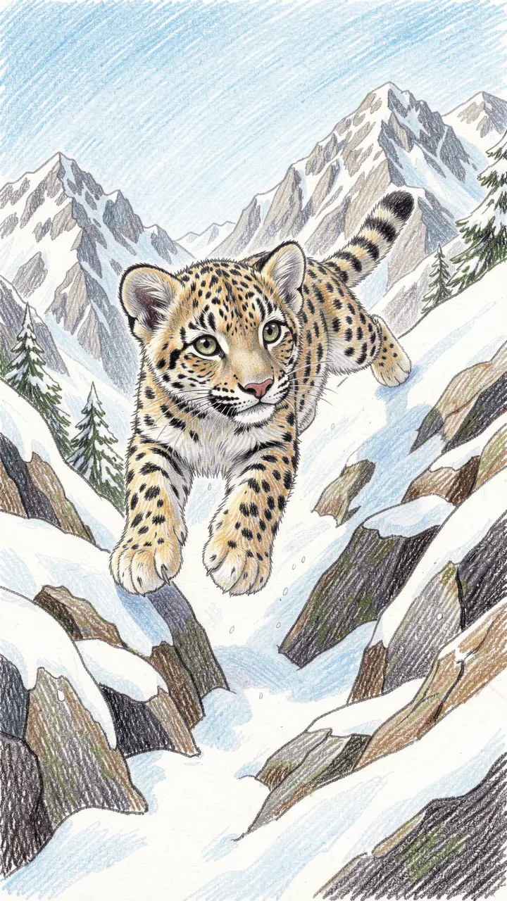 Colored pencil drawing of a cute snow leopard cub leaping across snowy mountain rocks