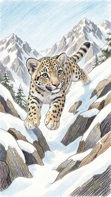 Colored pencil drawing of a cute snow leopard cub leaping across snowy mountain rocks