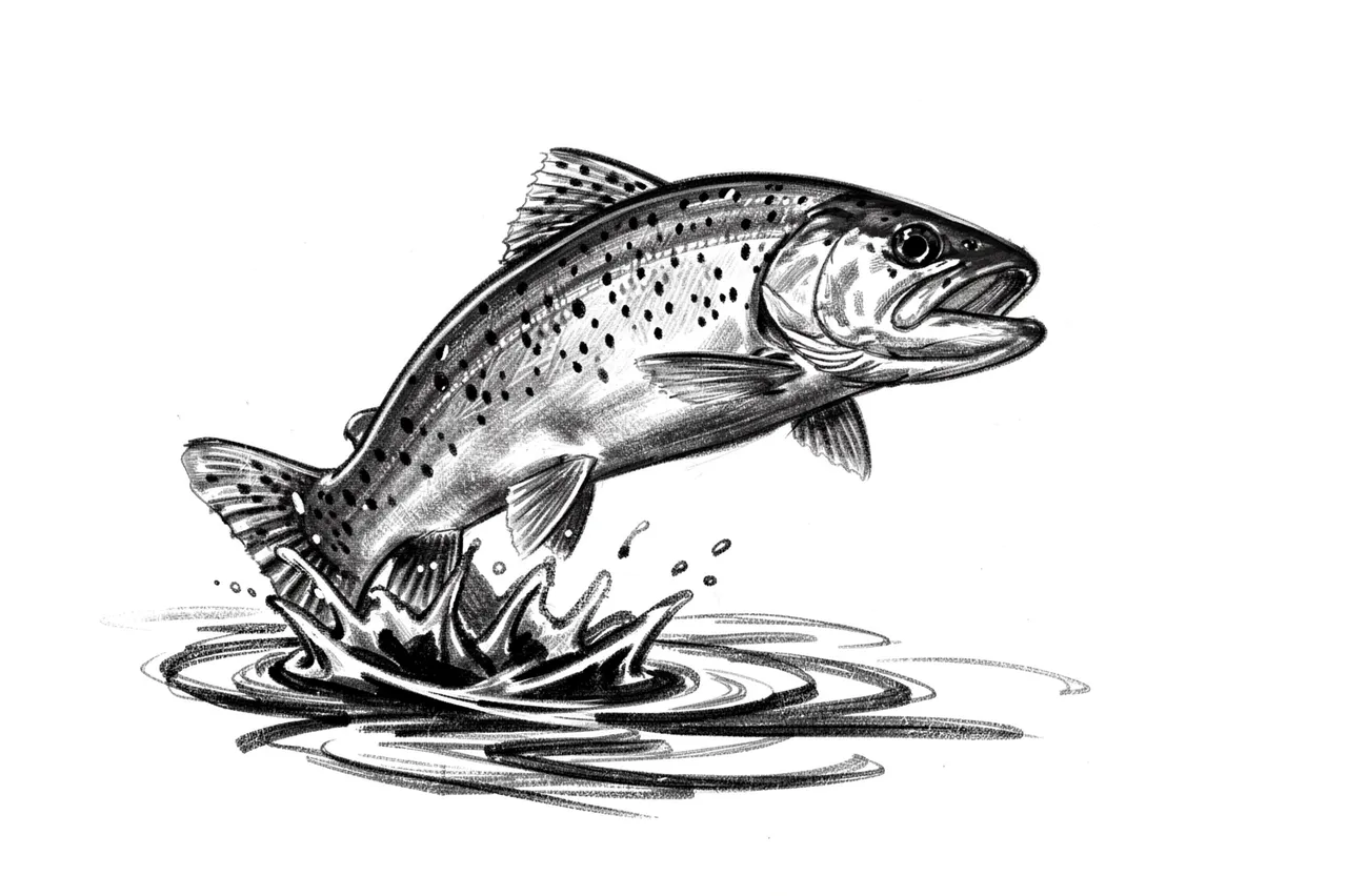 Expressive charcoal sketch of a spotted trout leaping above rippling water against a white background