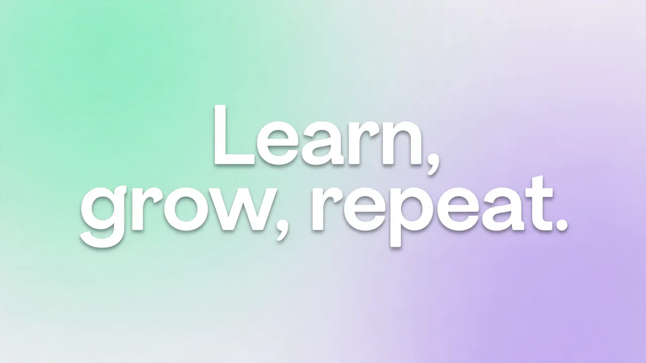 Rounded white text reading "Learn, grow, repeat." sits on a soft mint to lavender pastel gradient desktop wallpaper.