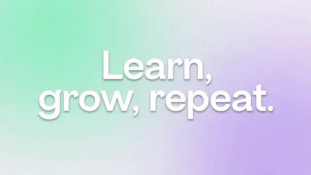 Rounded white text reading "Learn, grow, repeat." sits on a soft mint to lavender pastel gradient desktop wallpaper.
