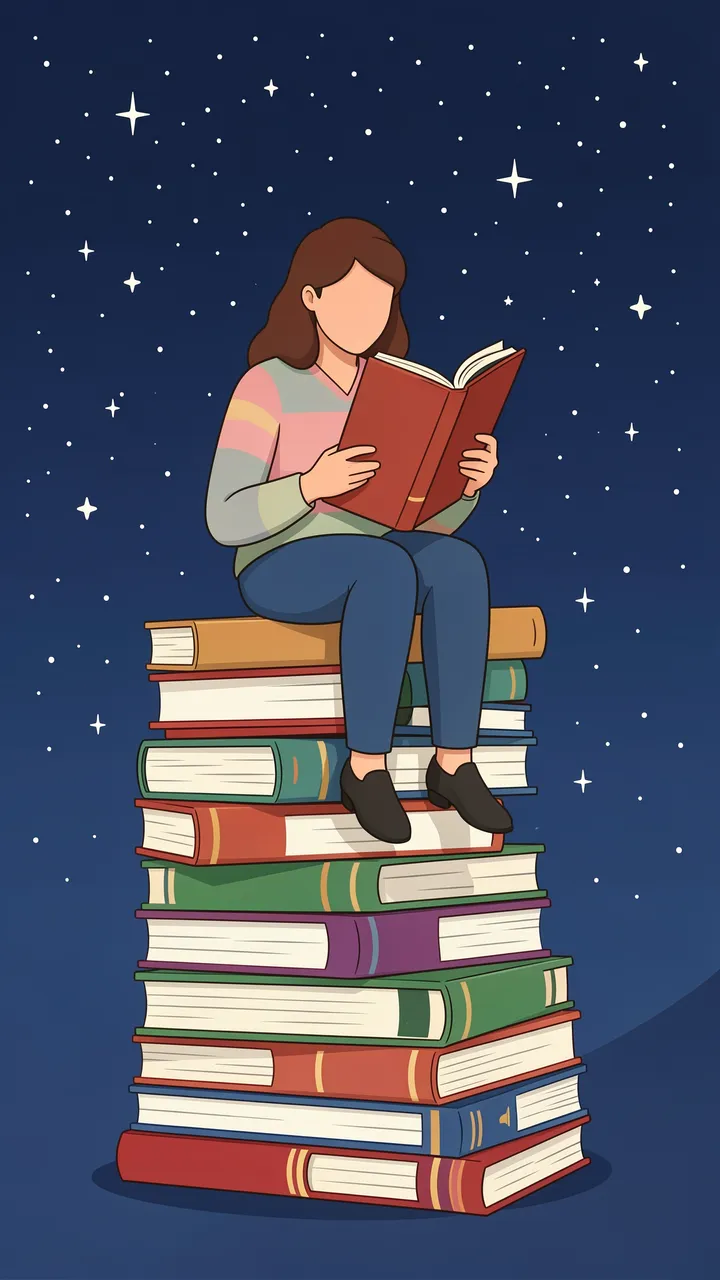 Faceless adult reader sits atop a tall stack of books reading under a starry night sky