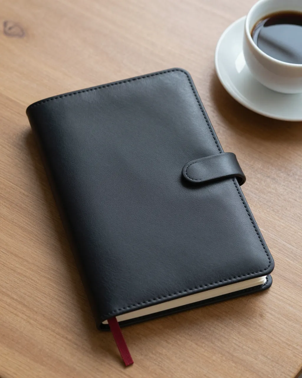 Closed black leather journal with a clasp rests on a light wooden table next to a cup of black coffee.