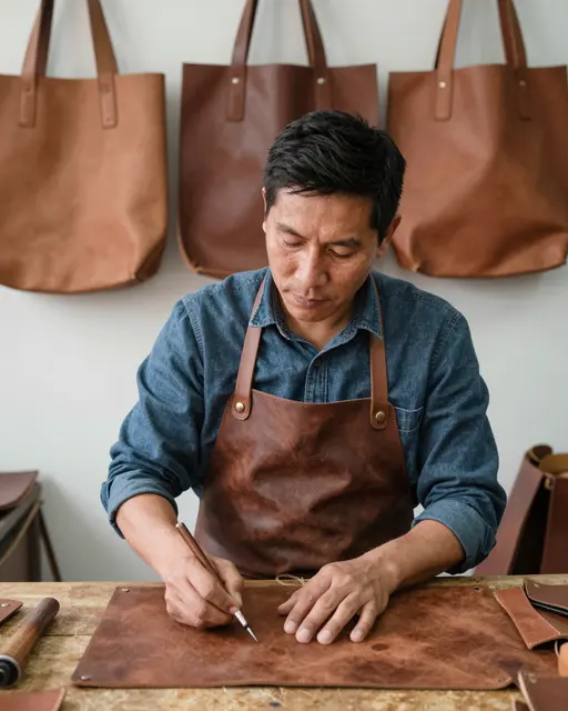 Leather craftsperson marks a leather panel at a wooden workbench with finished tote bags hanging behind him.