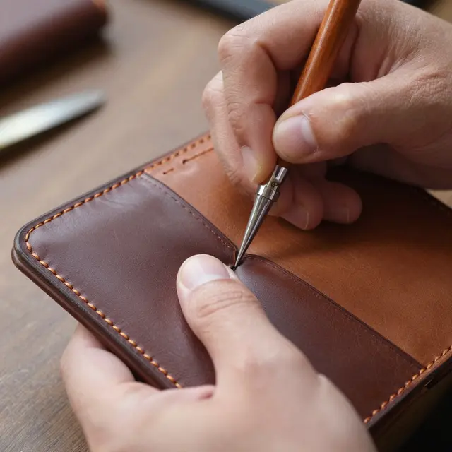 Close-up of a leatherworker's hands using an awl to stitch a brown leather wallet on a workbench