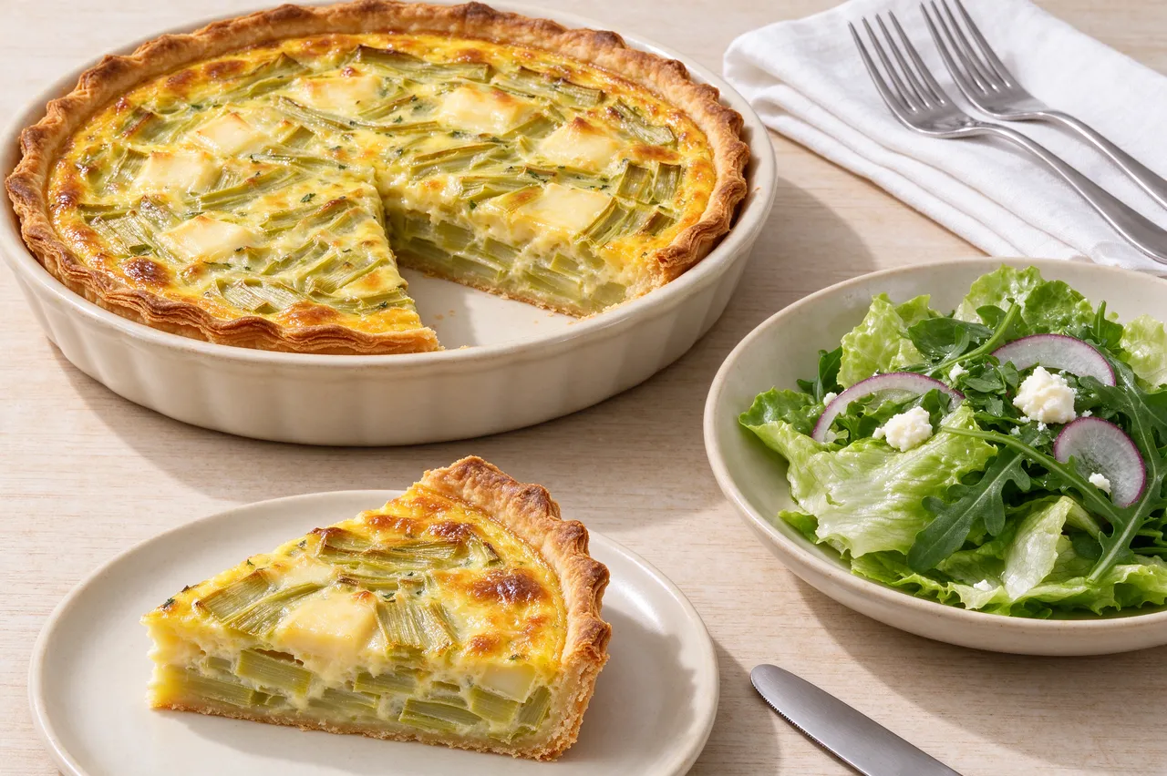 Sliced leek gruyere quiche and fresh green salad arranged on a light wooden brunch table