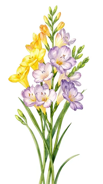 Vertical watercolor illustration of yellow and purple freesia stems arranged against a plain white background