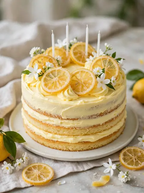 Layered lemon birthday cake decorated with candied lemon slices, white flowers and thin candles on a ceramic plate