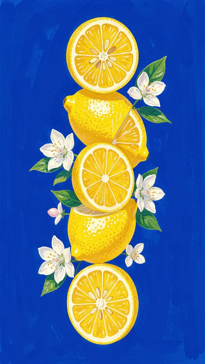 Vertical gouache illustration of whole and sliced lemons with white blossoms against a rich cobalt blue background