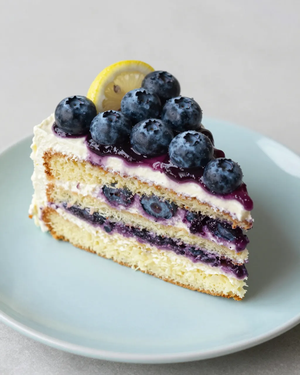 A layered lemon blueberry cake slice topped with fresh blueberries and a lemon wedge rests on a pale blue plate.