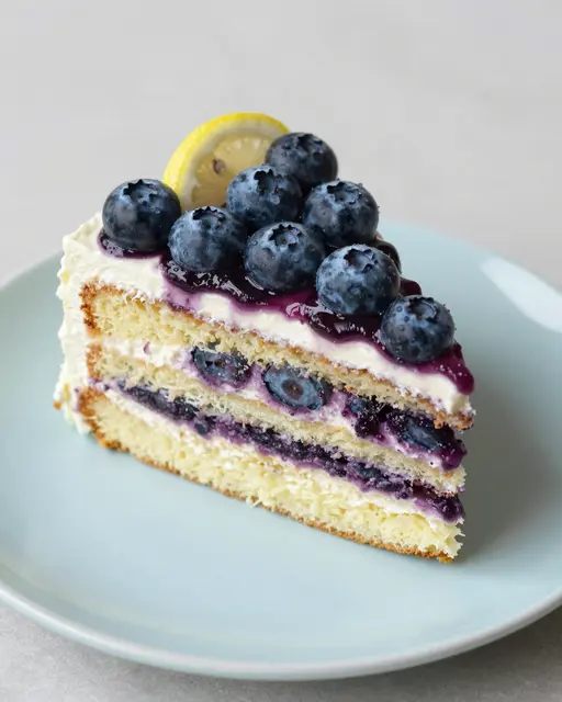 A layered lemon blueberry cake slice topped with fresh blueberries and a lemon wedge rests on a pale blue plate.