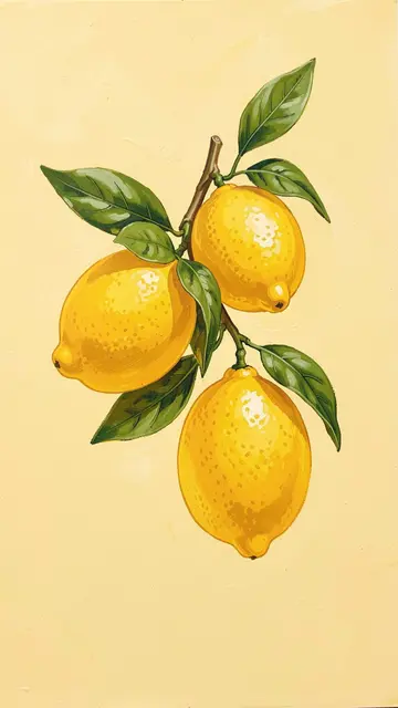 A gouache painting of three lemons on a leafy branch against a soft butter yellow background