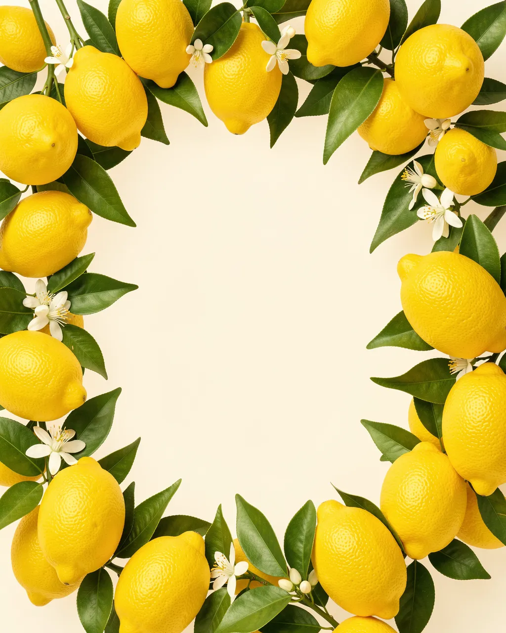 A decorative frame of whole lemons, green leaves and white citrus blossoms surrounds an empty cream center.