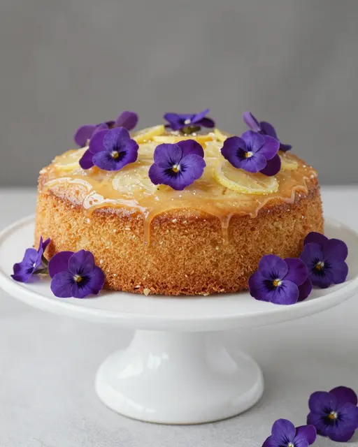 Glazed lemon drizzle cake decorated with purple violets and lemon slices sits on a white ceramic cake stand
