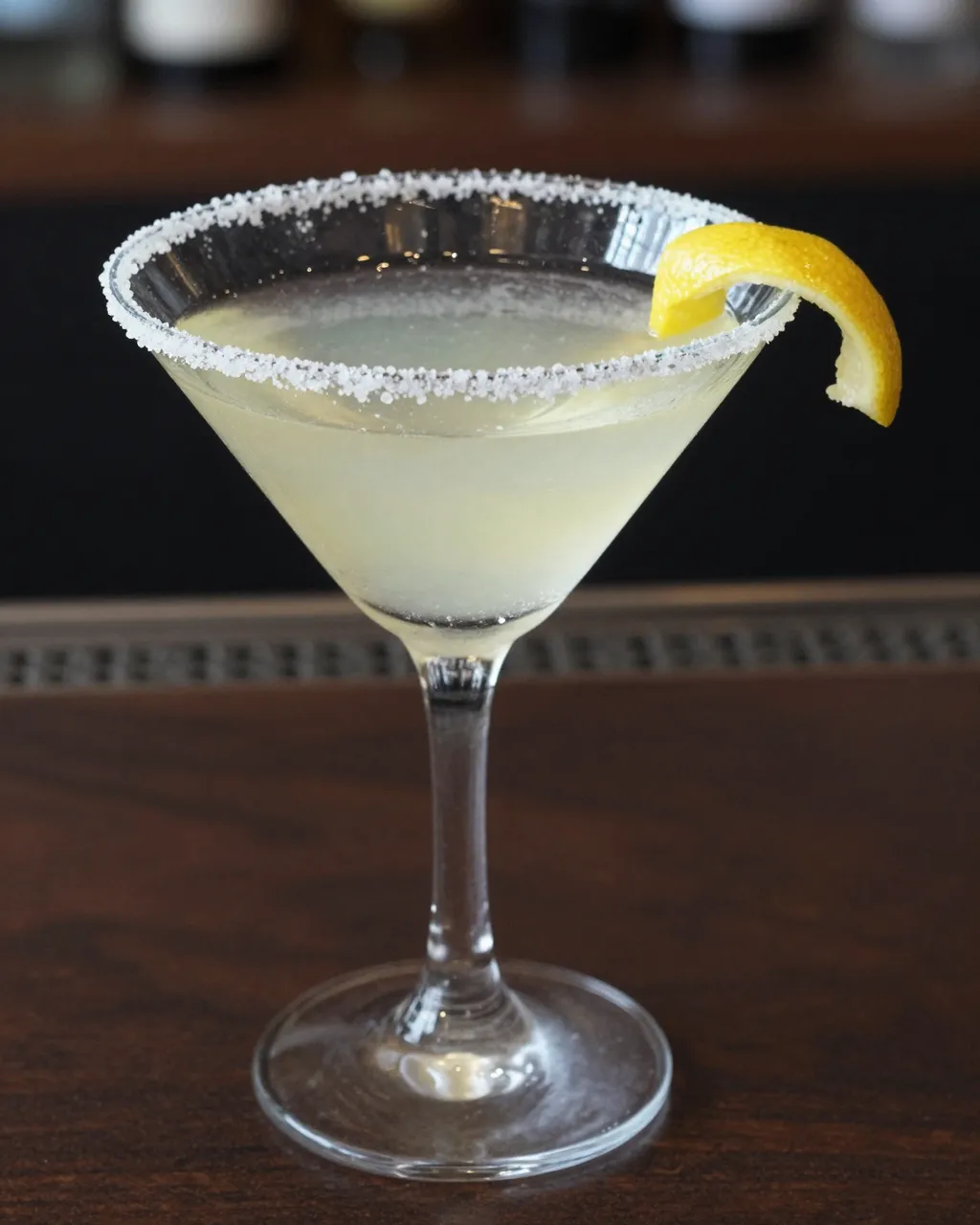 A sugared-rim lemon drop martini with a lemon twist rests in a chilled martini glass on a dark wooden bar.