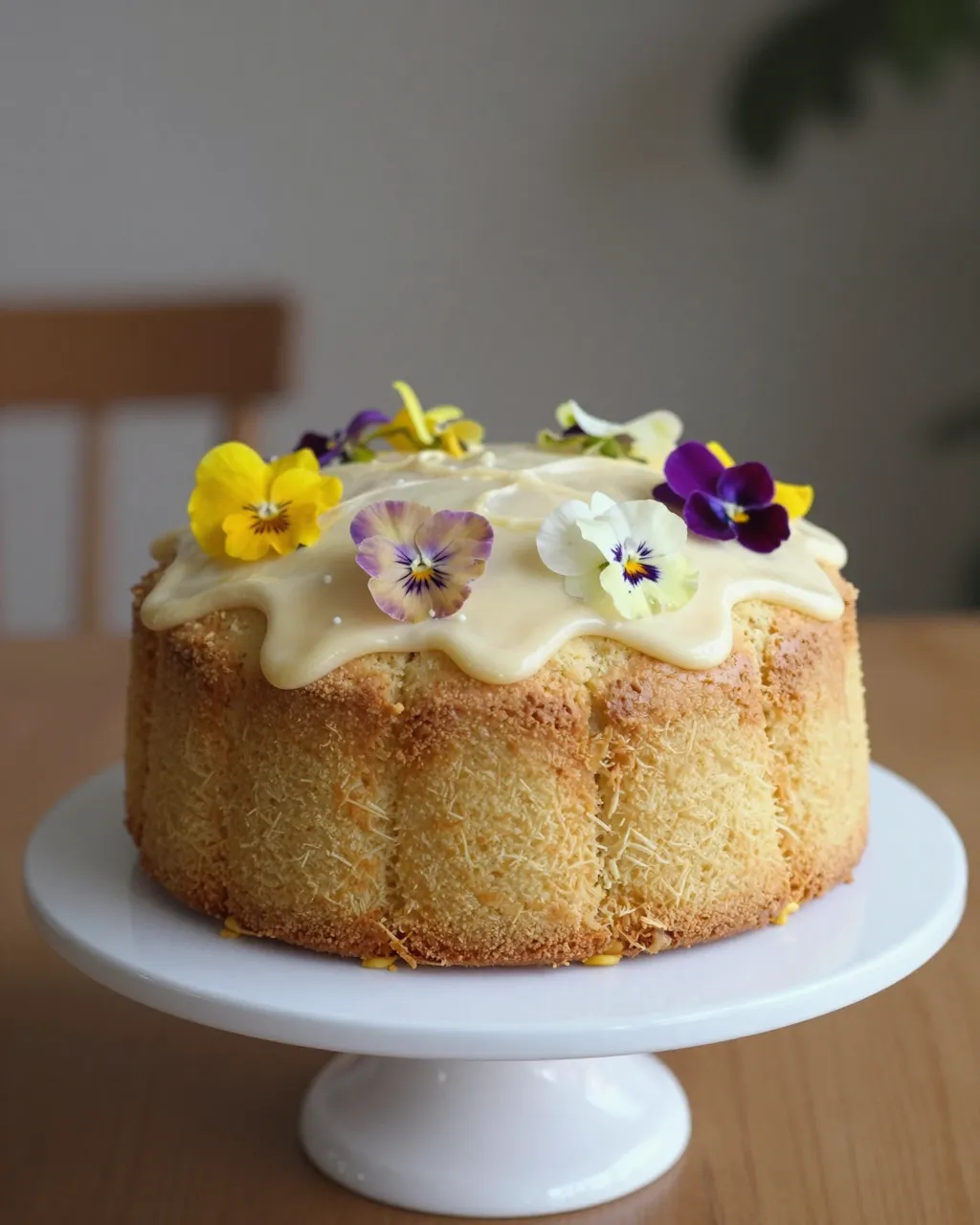 A glazed lemon cake decorated with edible pansy flowers sits on a white cake stand on a wooden table.