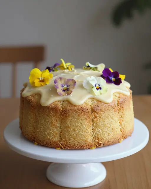 A glazed lemon cake decorated with edible pansy flowers sits on a white cake stand on a wooden table.
