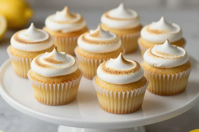 Lemon cupcakes with toasted meringue tops are arranged on a white cake stand with blurred lemons in the background.