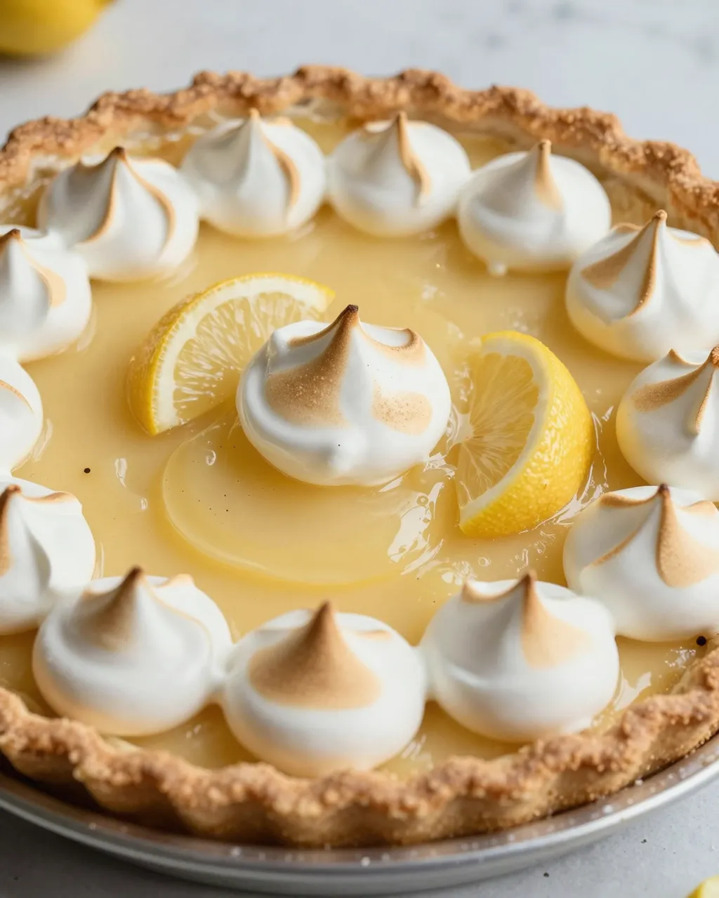 A top-down close-up of a lemon meringue pie topped with toasted meringue peaks and fresh lemon slices.