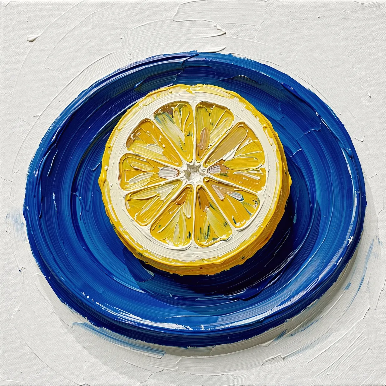 Impasto oil painting of a sliced lemon resting on a thickly brushed cobalt blue plate against a white canvas background