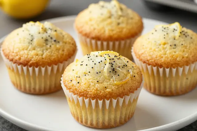Four fresh lemon poppy seed muffins on a white ceramic plate with a blurred lemon in the background