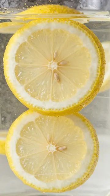 Top view close up of lemon slices floating in bubbly clear sparkling water