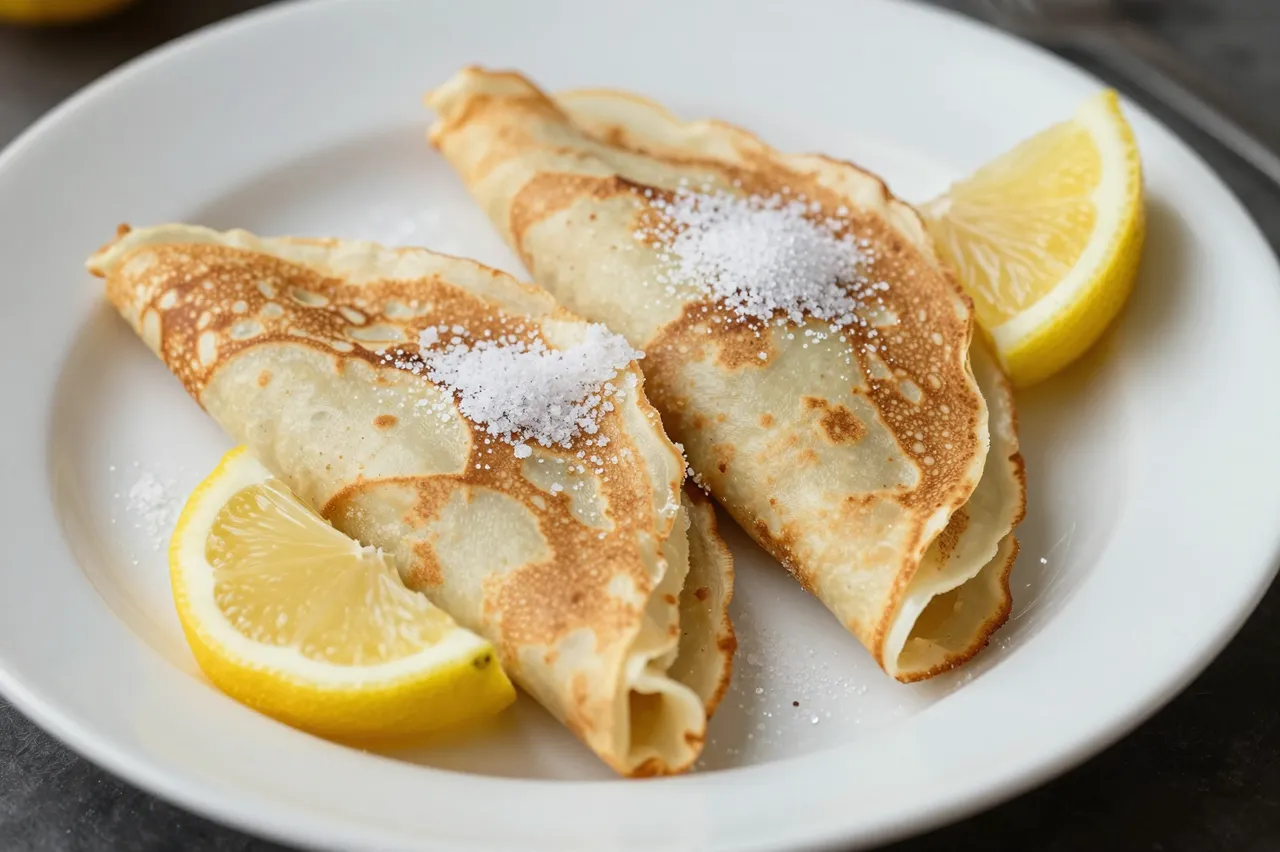 Two triangle folded crepes with powdered sugar and lemon wedges rest on a white plate