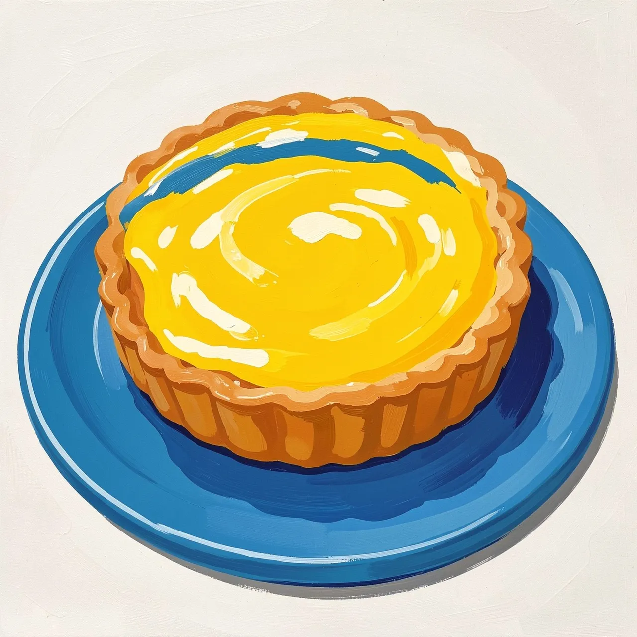 Gouache painting of a glossy glazed lemon tart served on a round bright blue plate against an off-white background