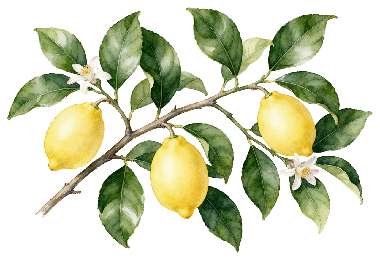 Watercolor botanical illustration of a lemon branch with fruit, leaves and blossoms