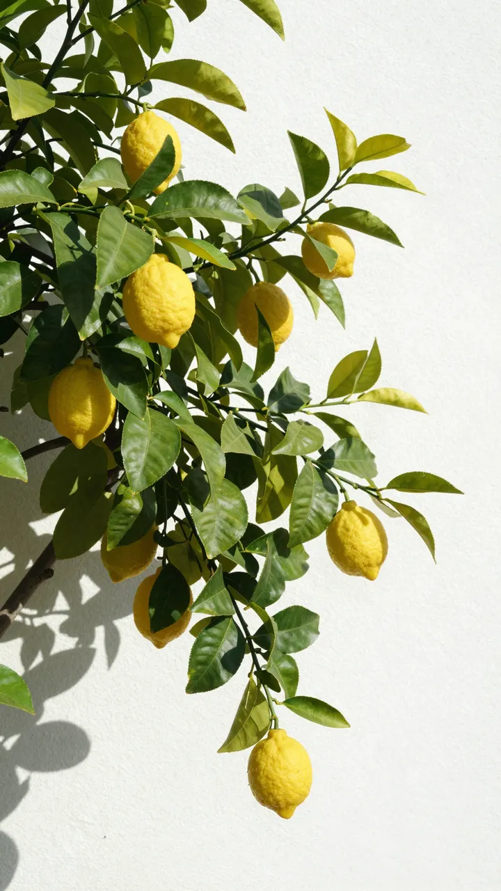 Leafy lemon tree branches heavy with ripe yellow lemons cast sharp shadows on a sunlit white wall