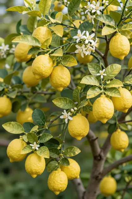 Sunlit lemon tree branches heavy with ripe yellow lemons and delicate white blossoms in a garden.