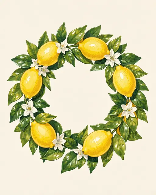 A circular gouache wreath of glossy green lemon leaves, yellow lemons, and white blossoms on a cream background