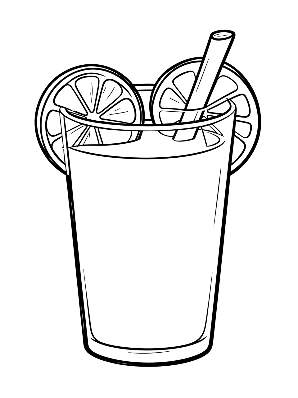 Bold black line art of a glass of lemonade with lemon slices and a straw on a white background