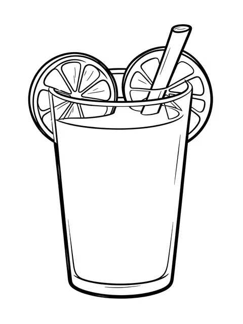 Bold black line art of a glass of lemonade with lemon slices and a straw on a white background