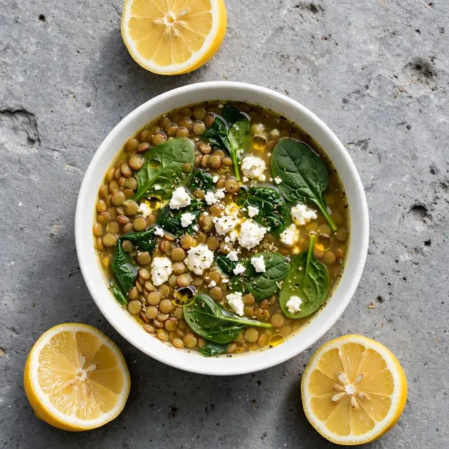 Overhead view of lentil soup with spinach and feta in a white bowl surrounded by lemon halves on gray stone