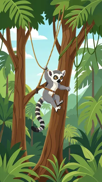 Cute ring-tailed lemur wearing a harness holds a bungee rope between tall jungle trees