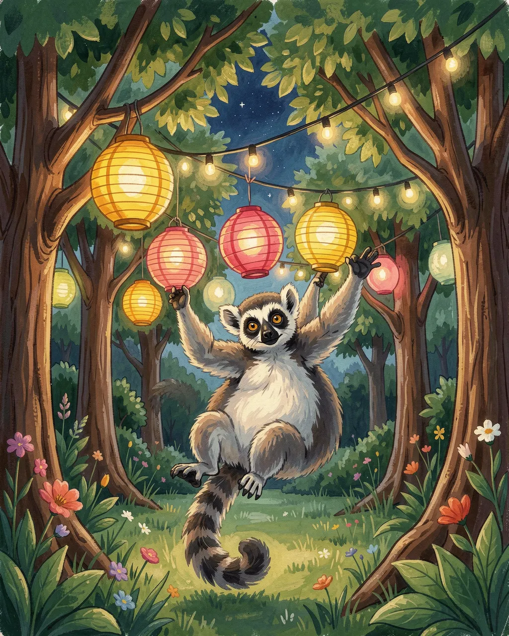 A cute ring-tailed lemur hangs glowing paper lanterns between trees for an evening garden party