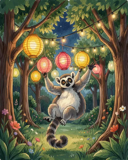 A cute ring-tailed lemur hangs glowing paper lanterns between trees for an evening garden party