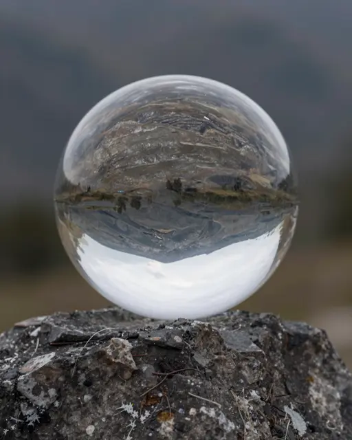 A clear glass lens sphere rests on a rough rock, reflecting an inverted mountain landscape.