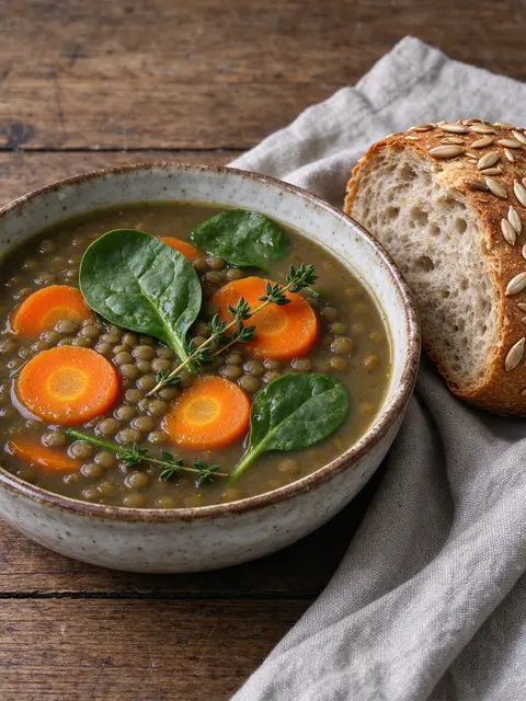 Rustic bowl of green lentil vegetable soup topped with carrot, spinach and thyme sits next to seeded bread on wood