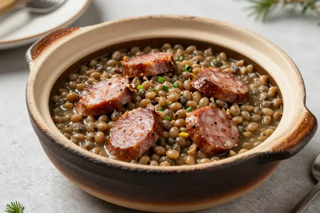 Hearty lentil stew topped with sliced sausage sits in a rustic clay pot on a light table surface.
