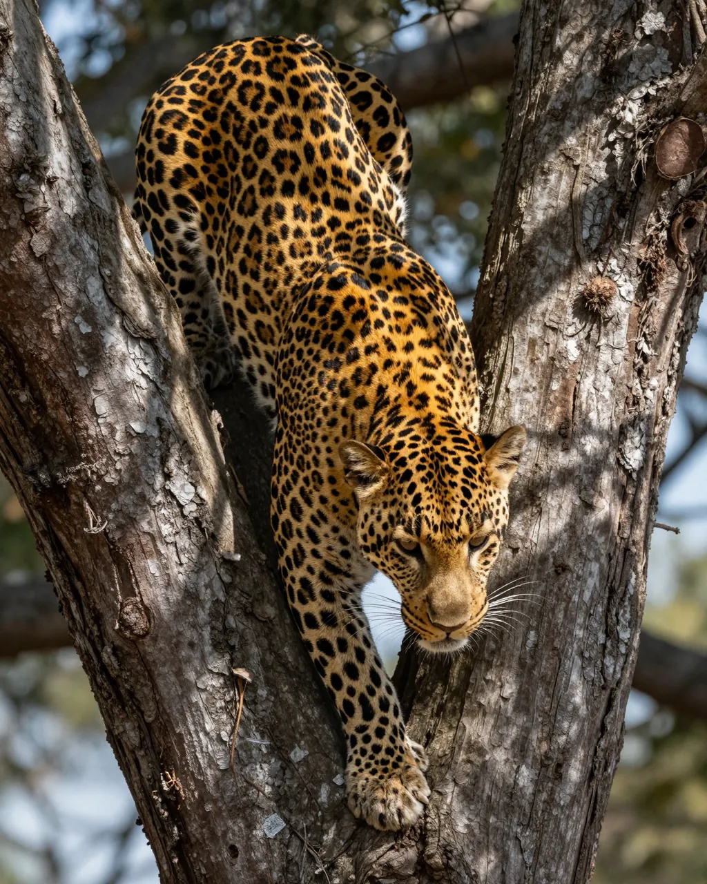 A golden rosette-patterned leopard climbs headfirst down a gnarled tree fork in dappled sunlight