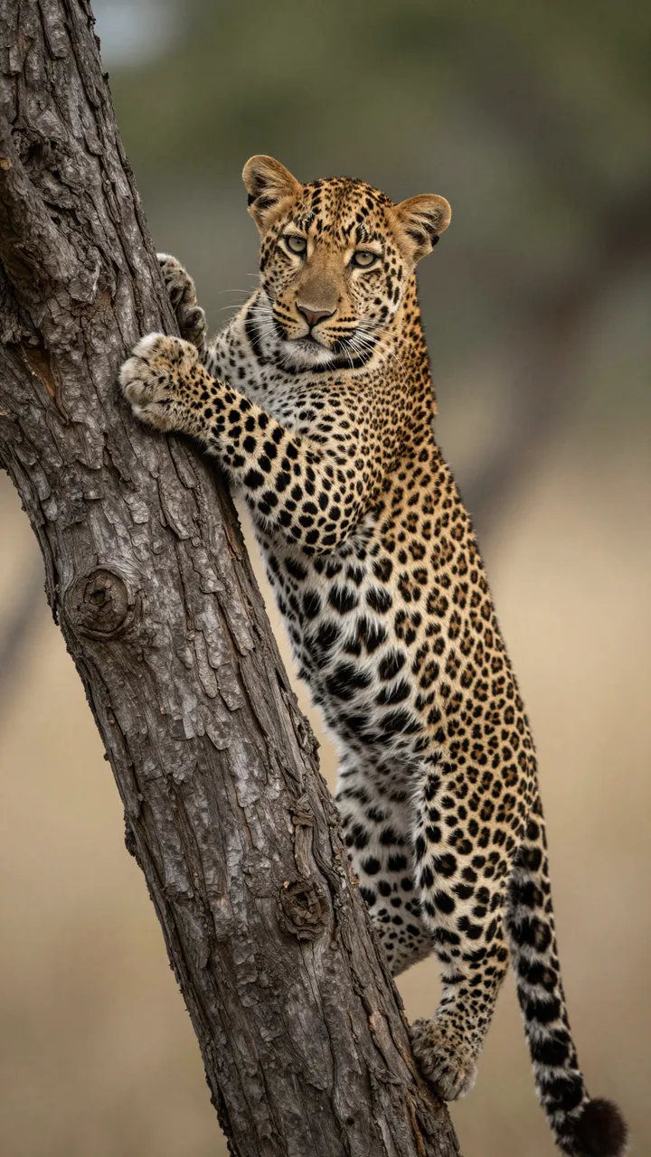 A leopard grips a leaning textured tree trunk while looking directly toward the camera