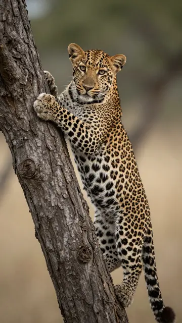 A leopard grips a leaning textured tree trunk while looking directly toward the camera