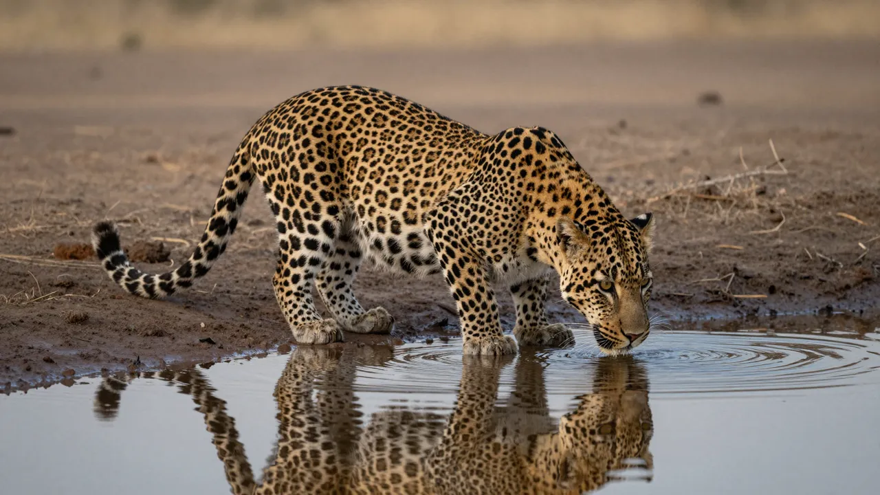 A spotted leopard crouches at the edge of a small waterhole to drink, its rippled reflection visible in calm water at dusk.