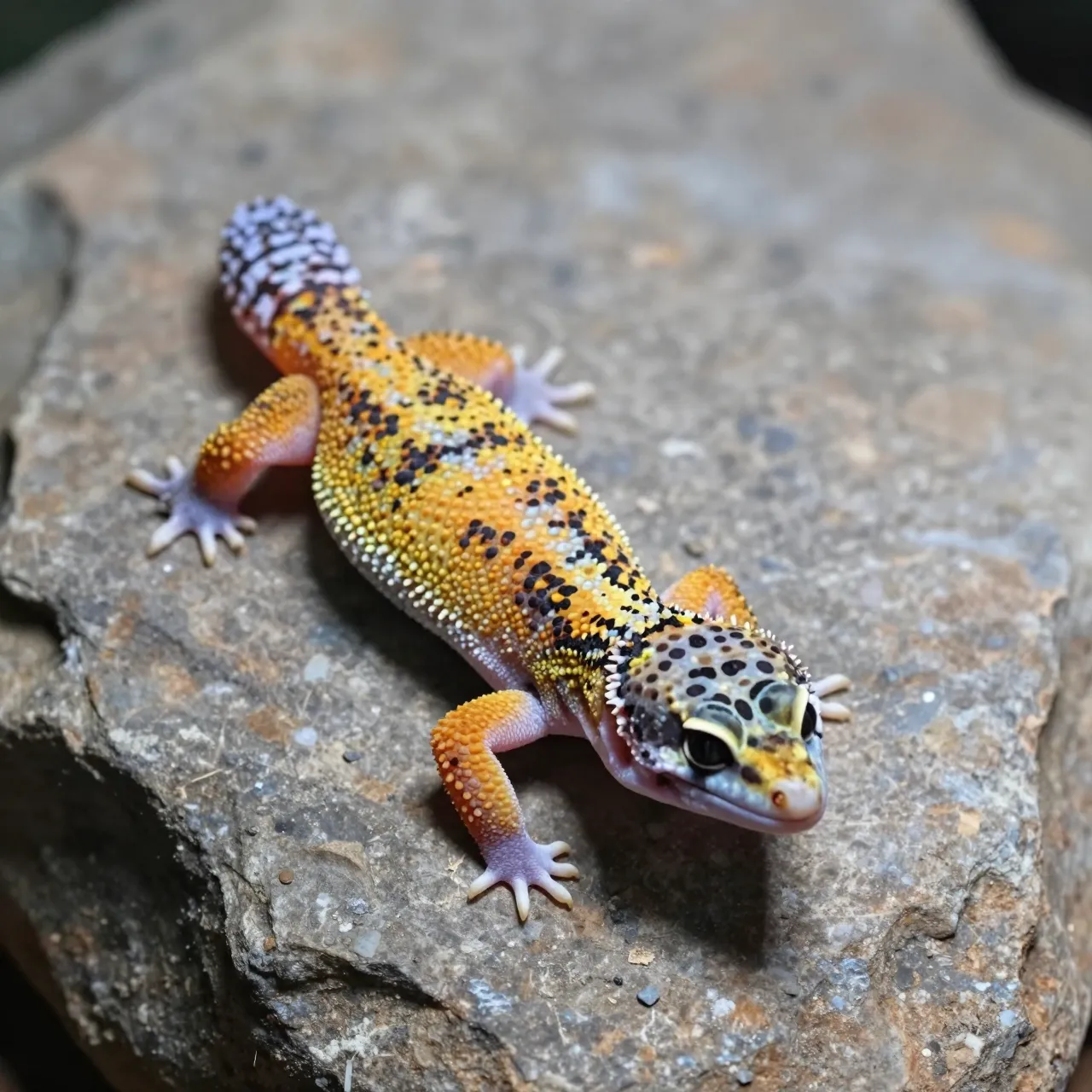 A patterned orange and yellow leopard gecko rests on a rough textured rock surface.