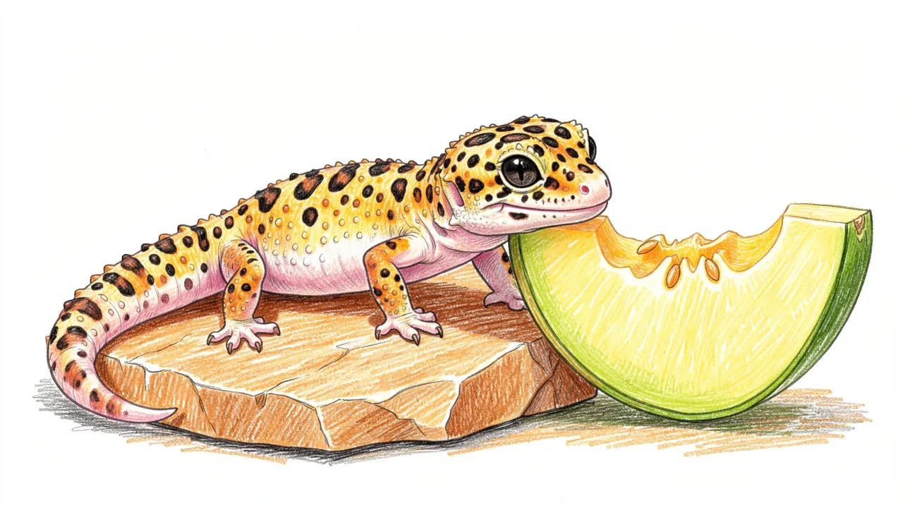 Colored pencil drawing of a spotted leopard gecko resting on a warm stone next to a melon wedge.