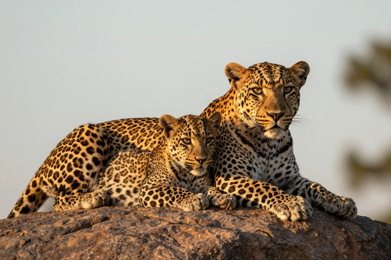 A leopard mother and her cub rest closely together atop a flat rock in warm golden hour light