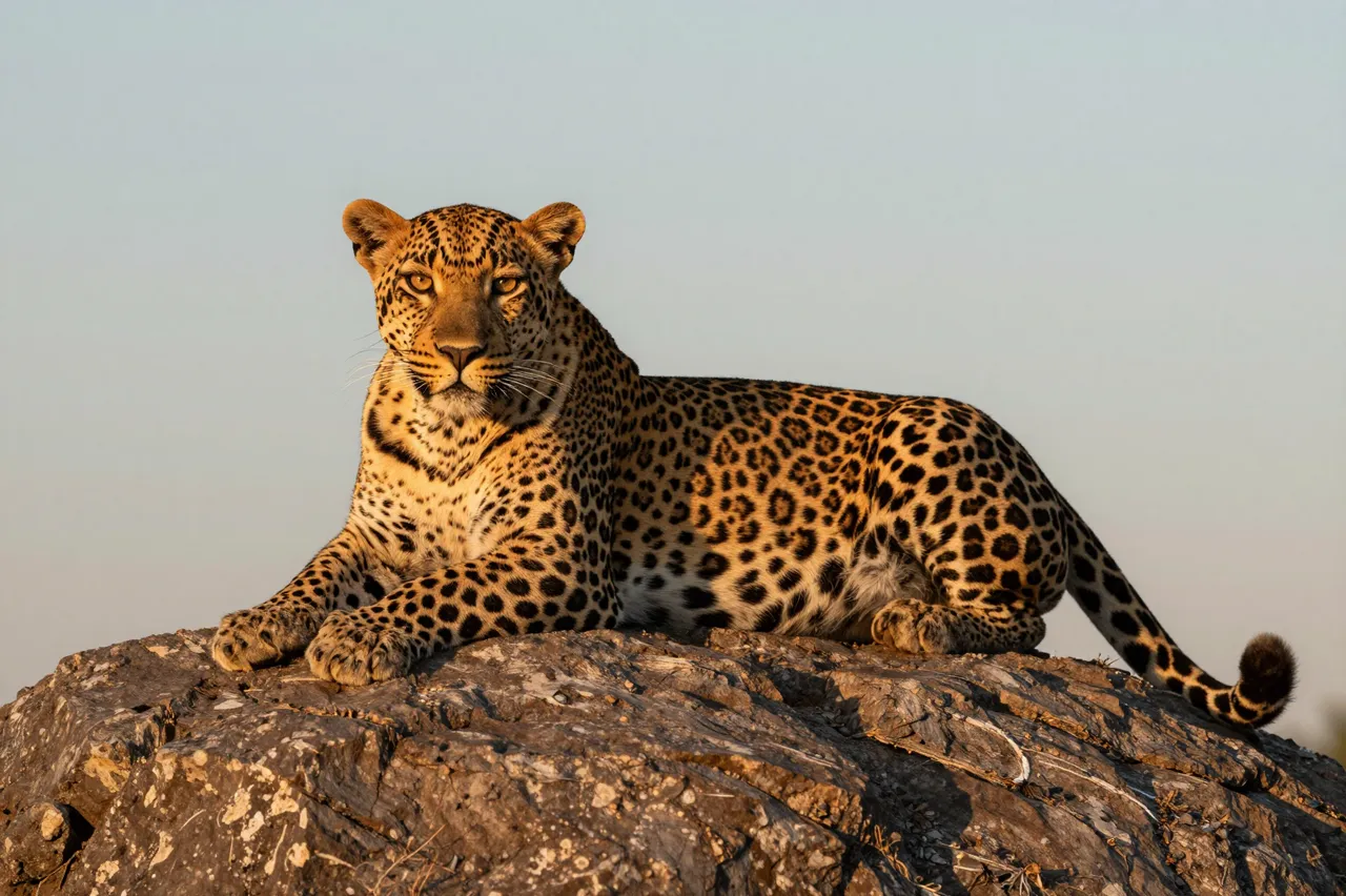 A leopard rests calmly on a textured rocky outcrop under soft warm sunset light, facing the viewer.